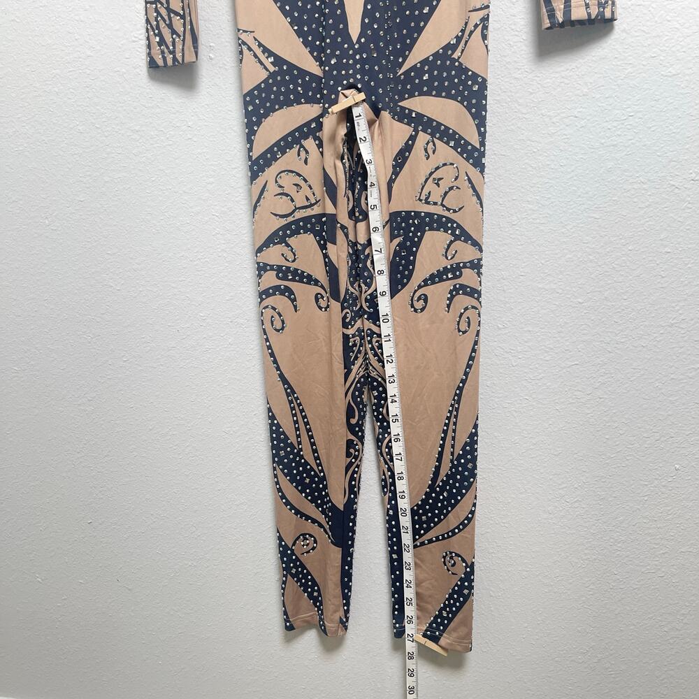 BANJUL Rhinestone Bodysuit Catsuit Nude Black Tribal Print Stretch Jumpsuit - Picture 6 of 15